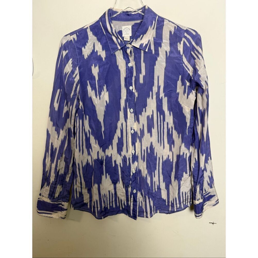 J Crew Blue Ivory Ikat Print Button Front Shirt Size 6 Boho Workwear Classic
